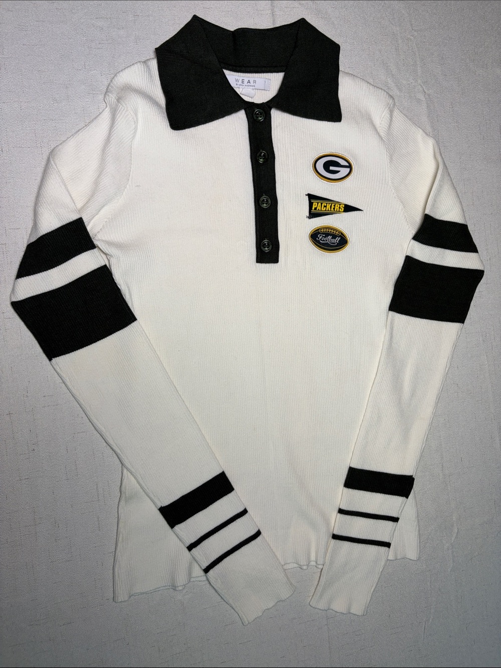 WEAR by Erin Andrews Green Bay Packers White Ribbed Henley Polo Sweater, sz L
